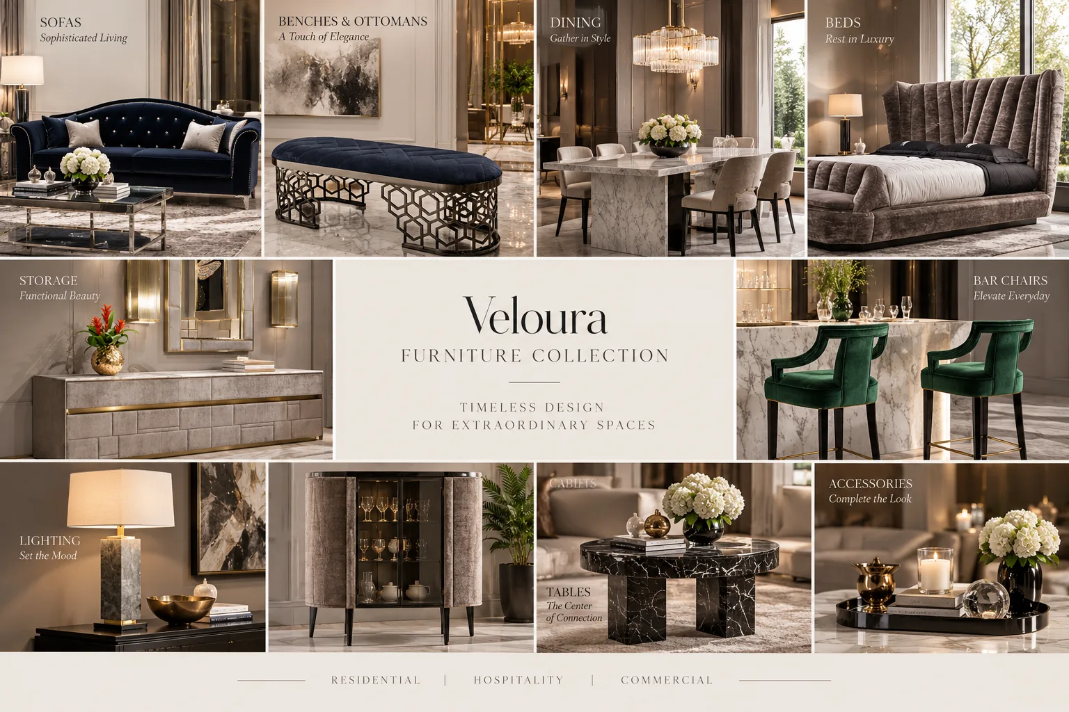 Veloura Furniture Collection。ソファ・ダイニング・ベッド・照明などのラインナップ